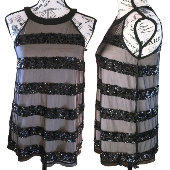 INC International Concepts Sequin Striped Sheer Halter Blouse Nylon Black XS - Picture 14 of 16